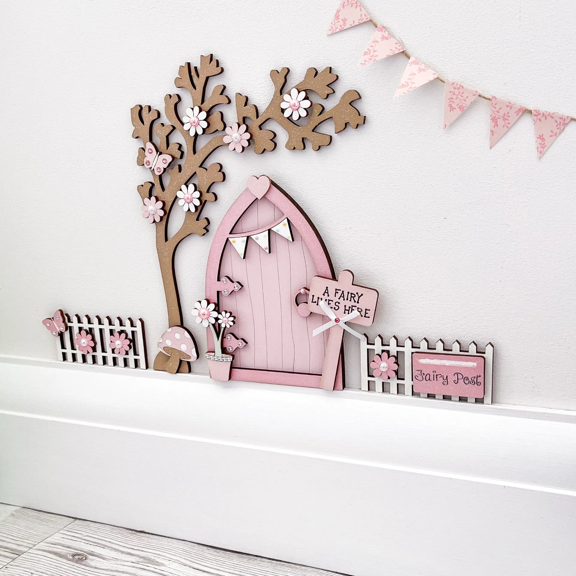 Light Pink Bunting Fairy Door with Fencing and Blossom Tree