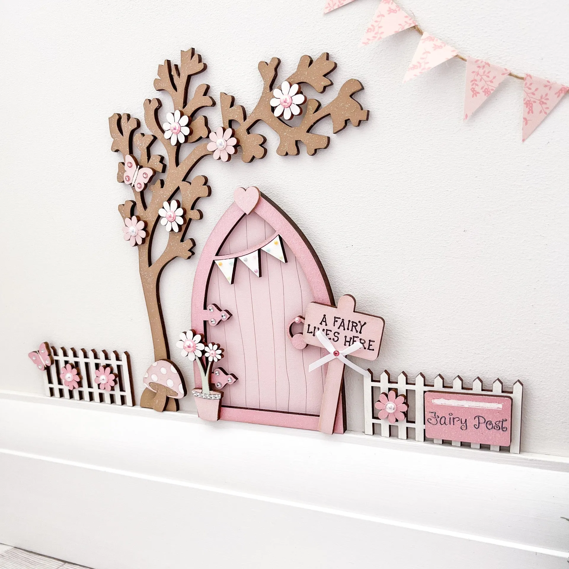 Light Pink Bunting Fairy Door with Fencing and Blossom Tree