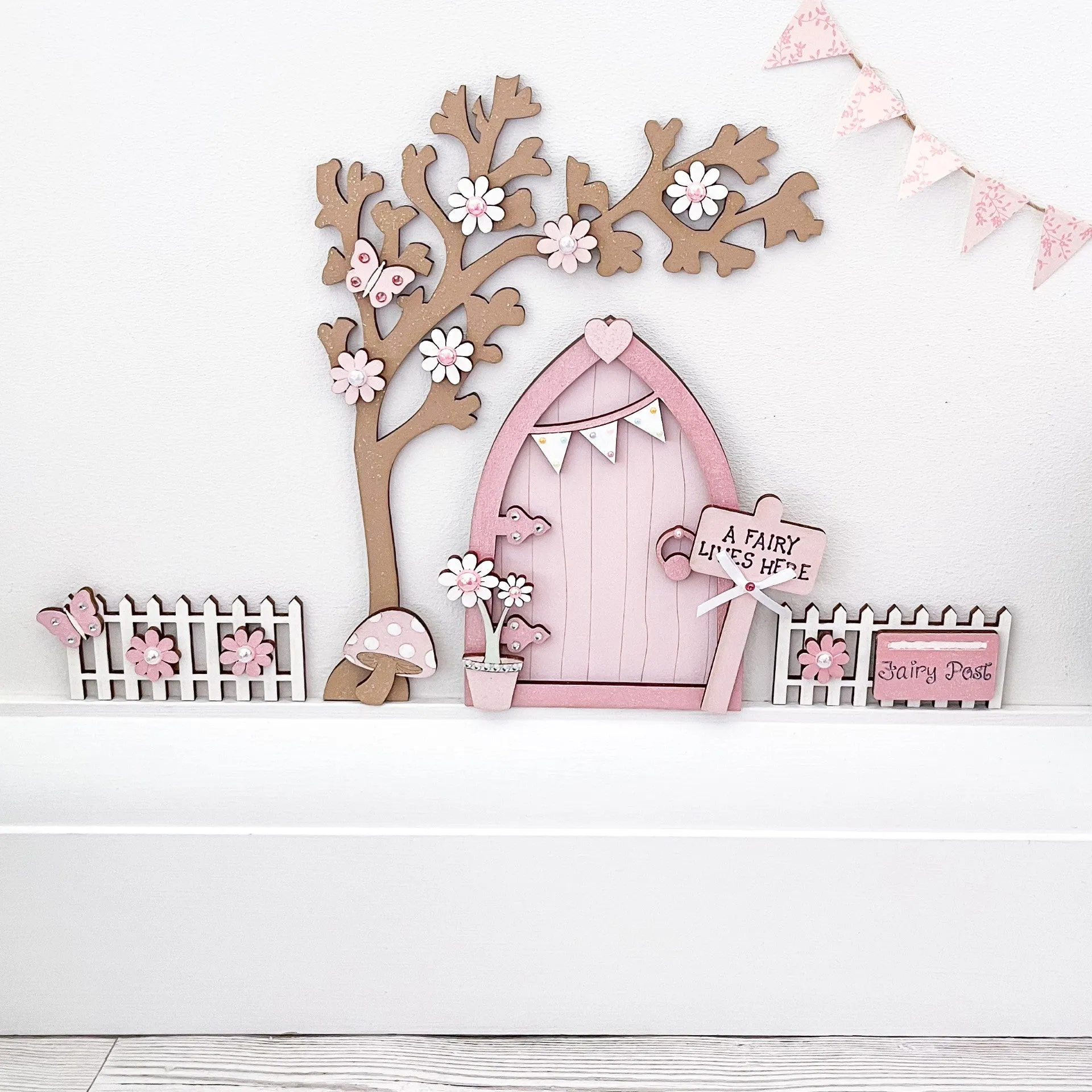 Light Pink Bunting Fairy Door with Fencing and Blossom Tree