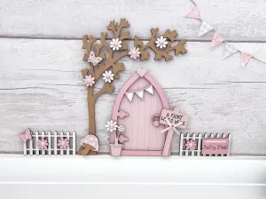 Light Pink Bunting Fairy Door with Fencing and Blossom Tree