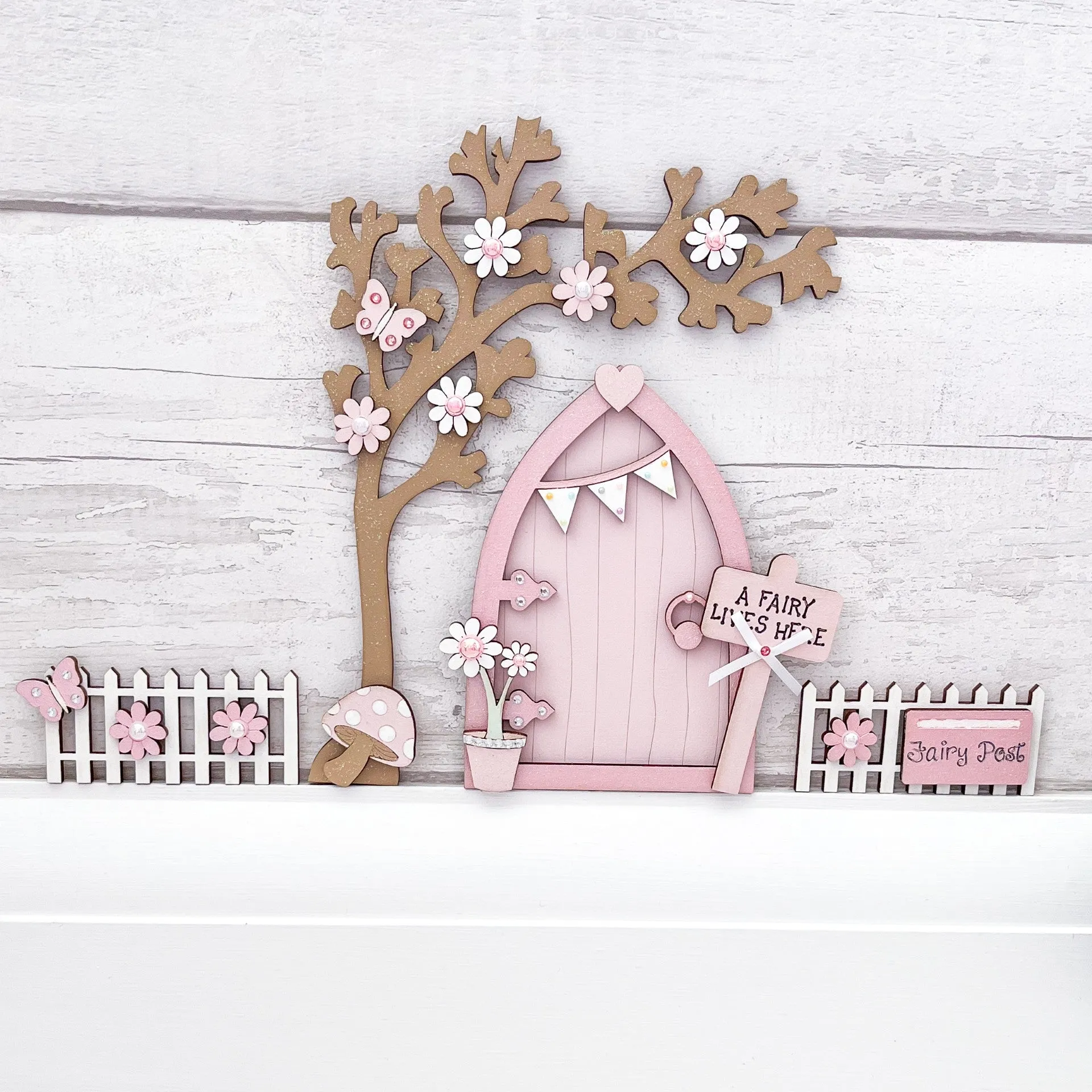 Light Pink Bunting Fairy Door with Fencing and Blossom Tree