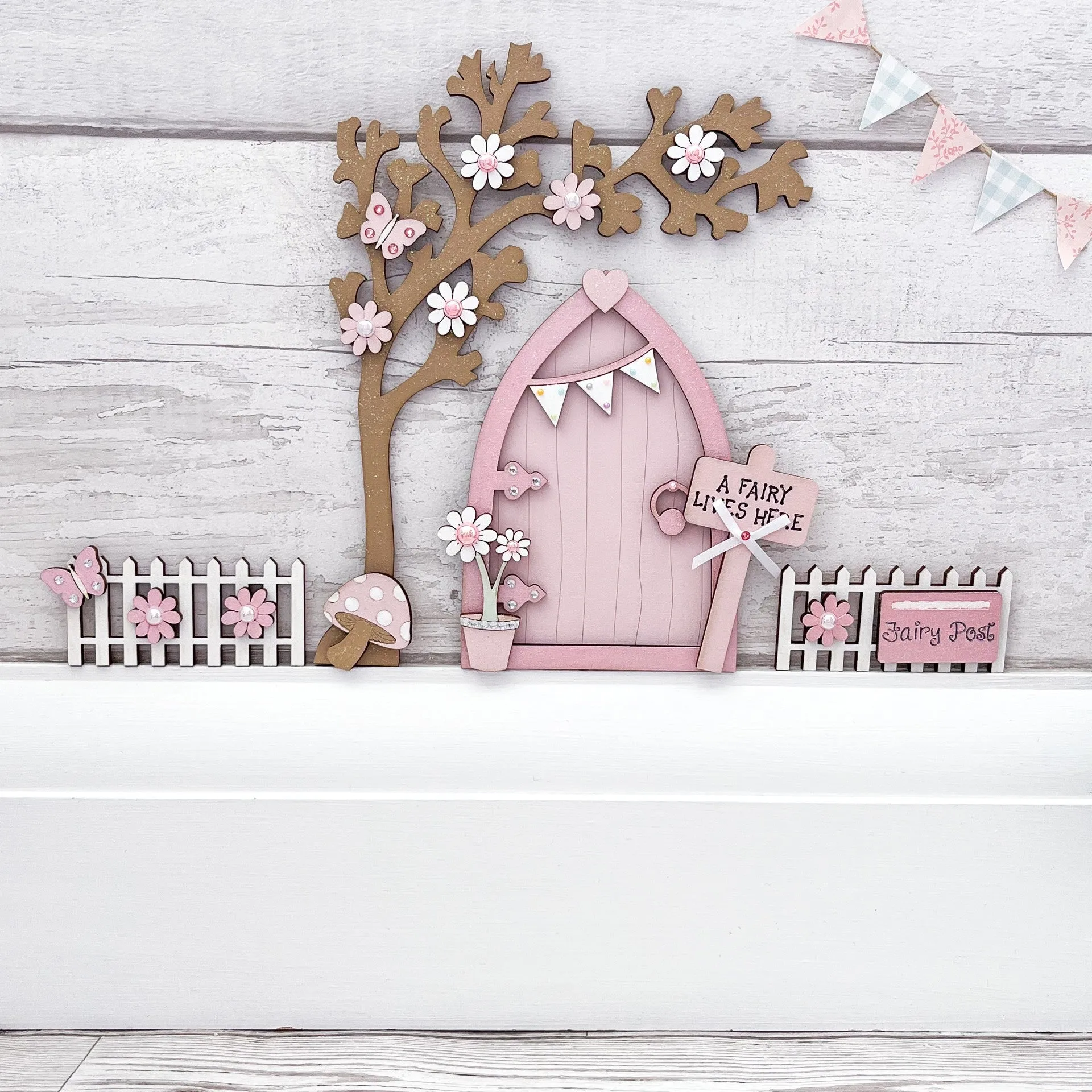 Light Pink Bunting Fairy Door with Fencing and Blossom Tree