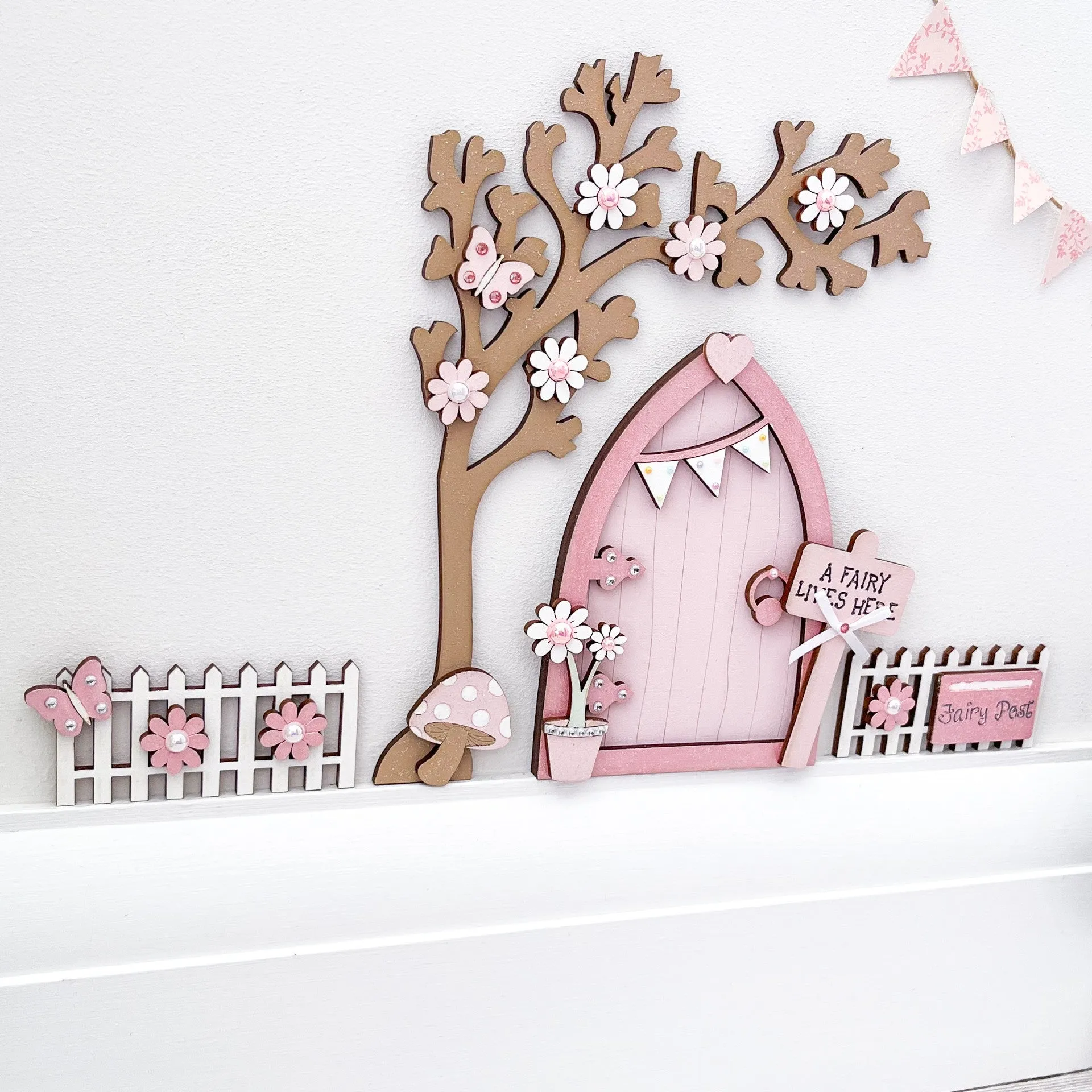 Light Pink Bunting Fairy Door with Fencing and Blossom Tree