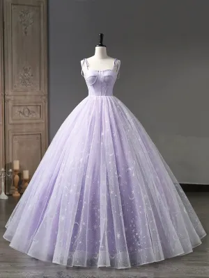 Light Purple Tulle Straps Long Prom Dress Purple A-Line Princess Dress