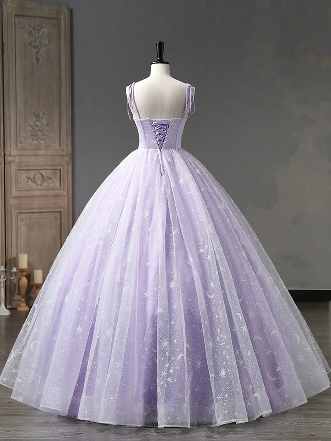 Light Purple Tulle Straps Long Prom Dress Purple A-Line Princess Dress