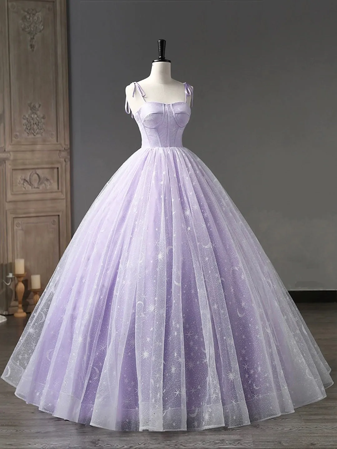 Light Purple Tulle Straps Long Prom Dress Purple A-Line Princess Dress