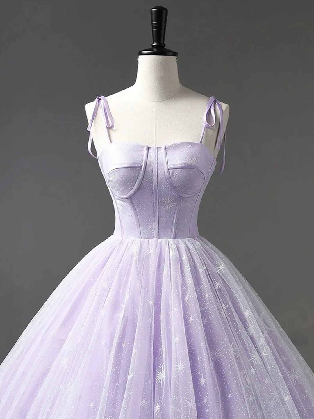 Light Purple Tulle Straps Long Prom Dress Purple A-Line Princess Dress