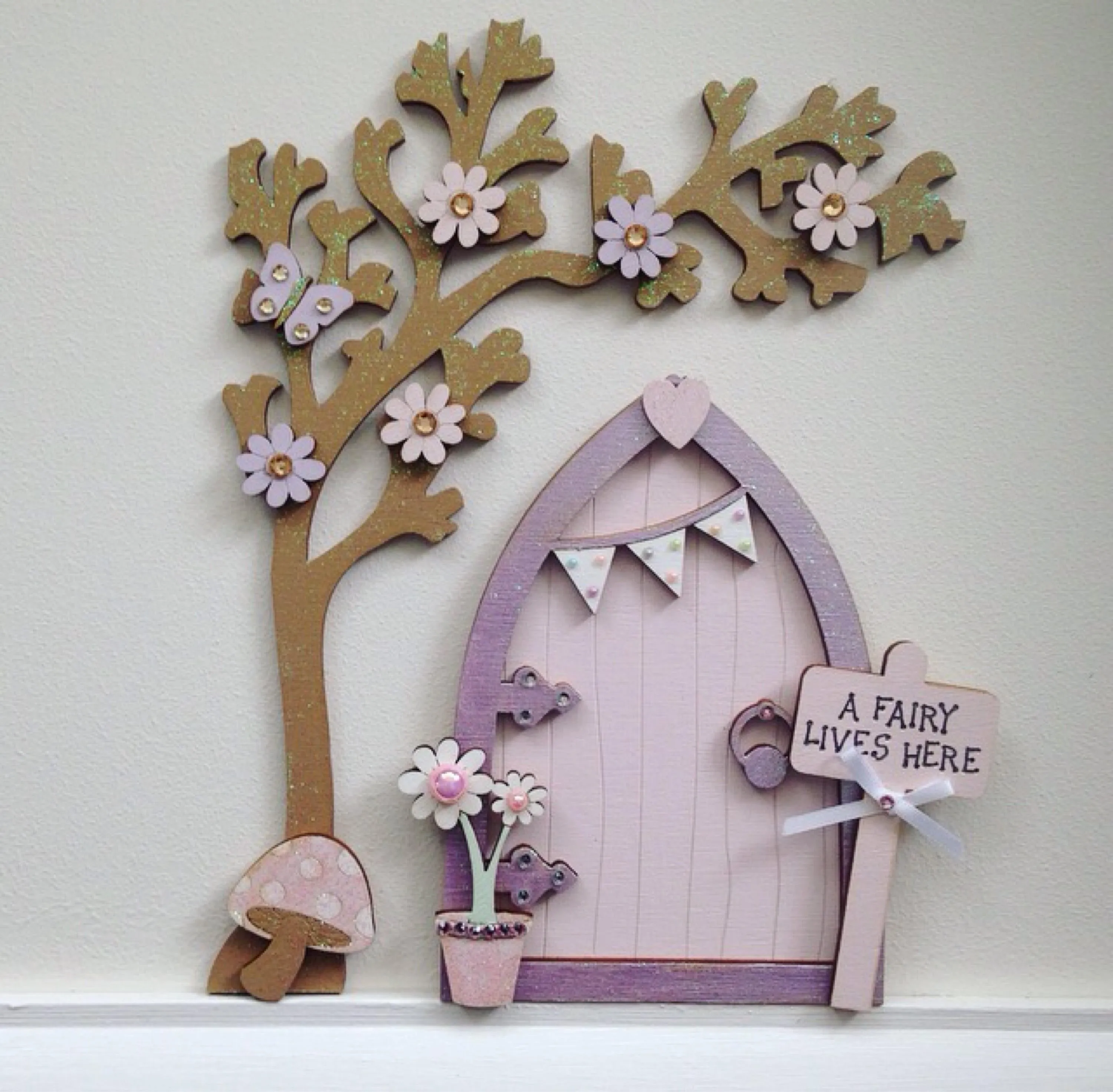 Lilac & Pale Pink Bunting Fairy Door with Blossom Tree Set