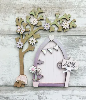 Lilac & Pale Pink Bunting Fairy Door with Blossom Tree Set