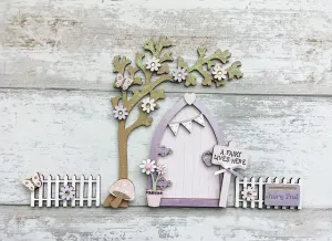 Lilac & Pink Bunting Fairy Door with Fencing & Blossom Tree Set