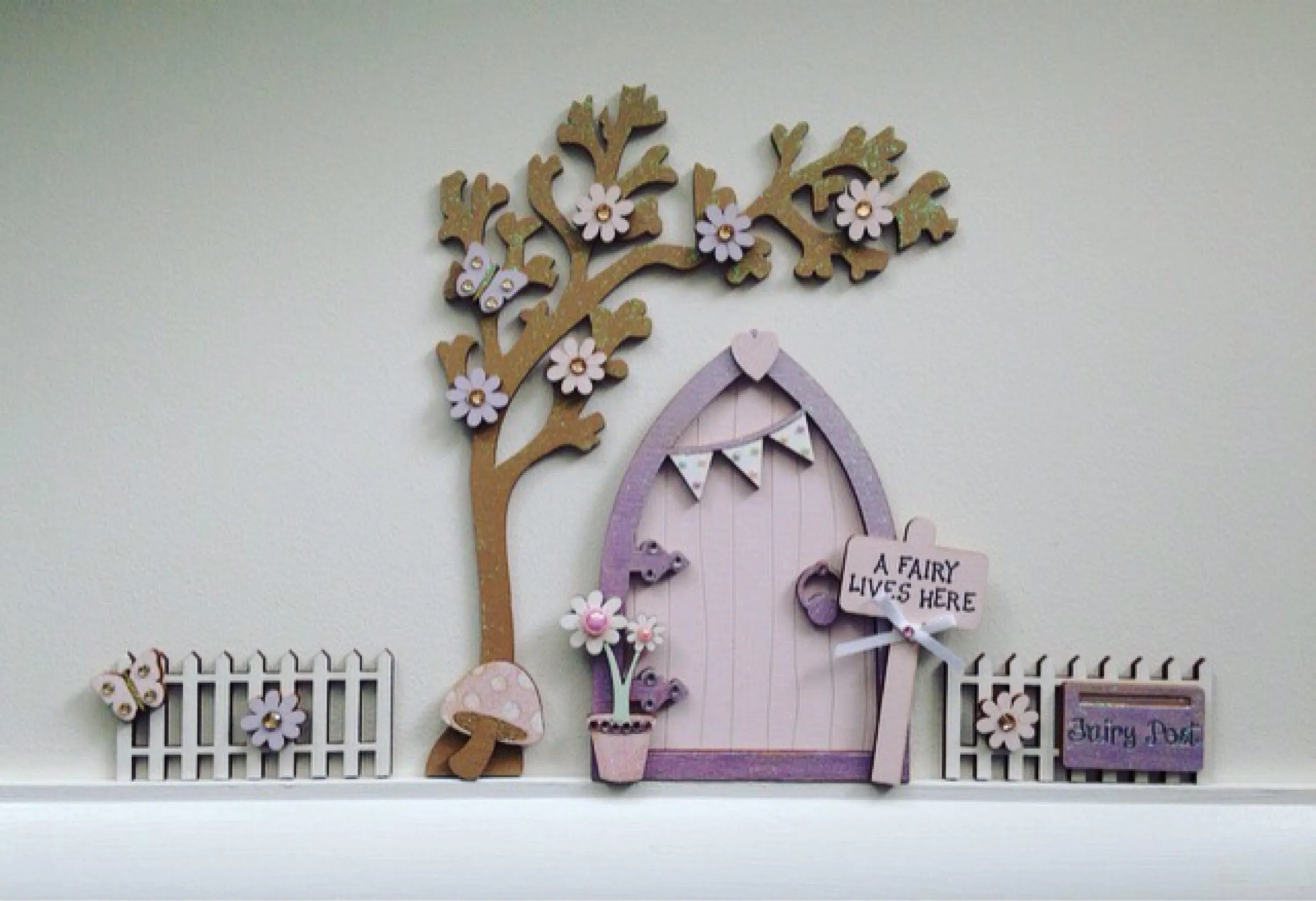 Lilac & Pink Bunting Fairy Door with Fencing & Blossom Tree Set