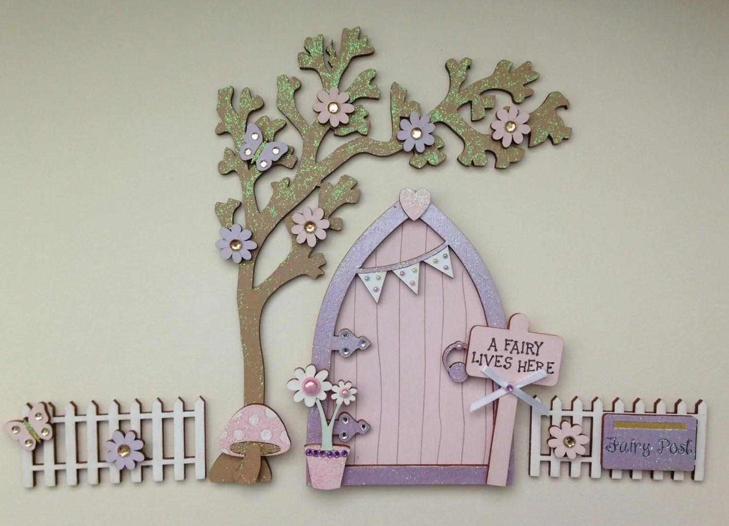 Lilac & Pink Bunting Fairy Door with Fencing & Blossom Tree Set