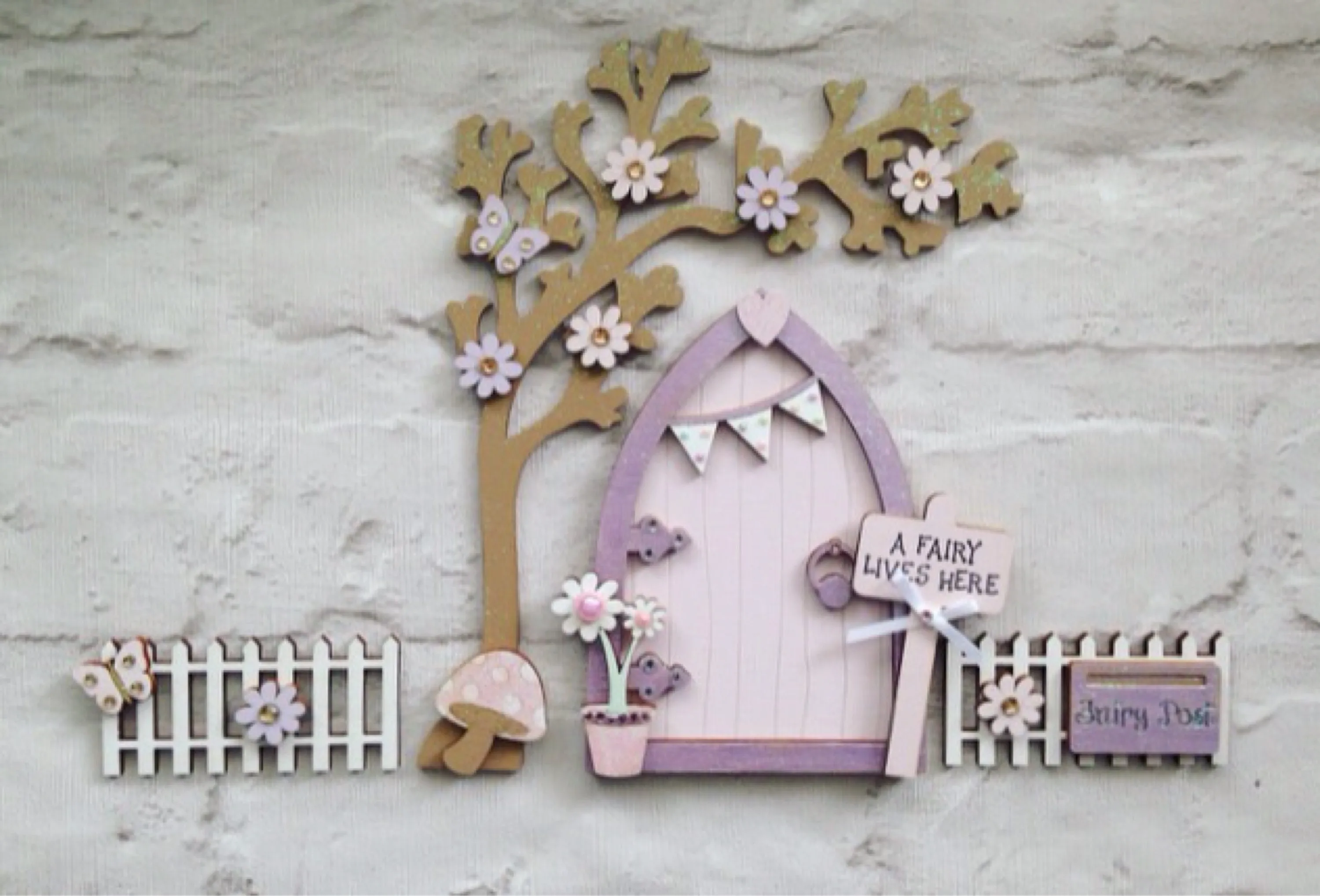 Lilac & Pink Bunting Fairy Door with Fencing & Blossom Tree Set