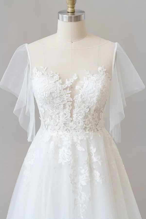 Long A-line Appliques Lace Tulle Wedding Dress with Sleeves