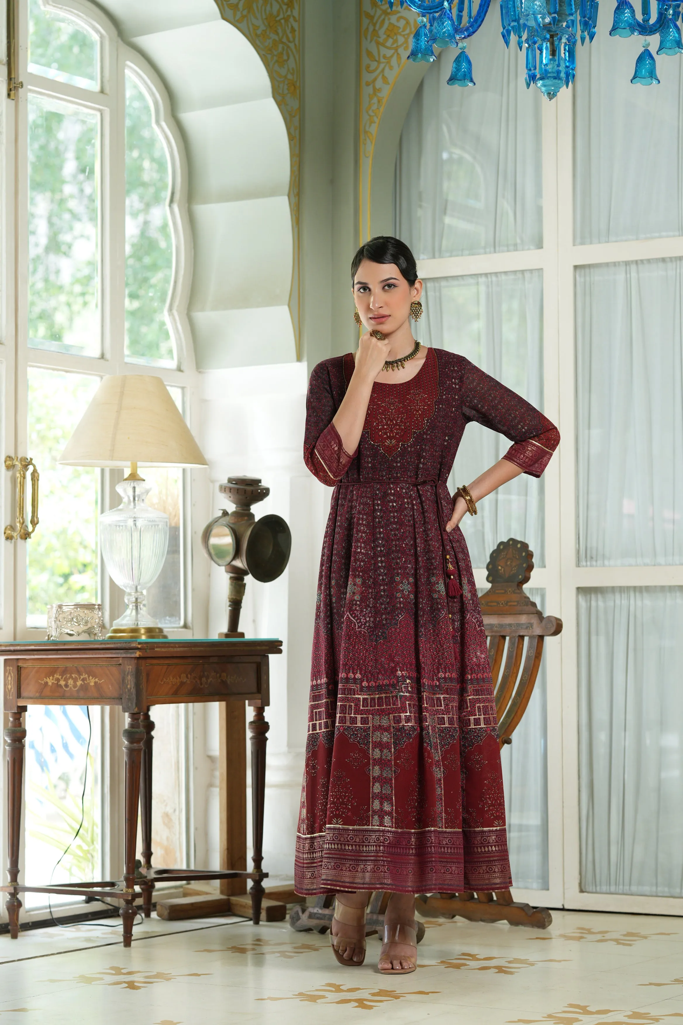 Maroon Georgette Printed Anarkali Dress