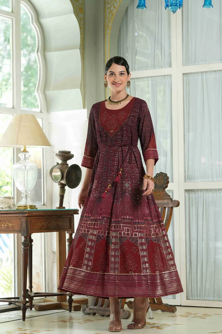 Maroon Georgette Printed Anarkali Dress