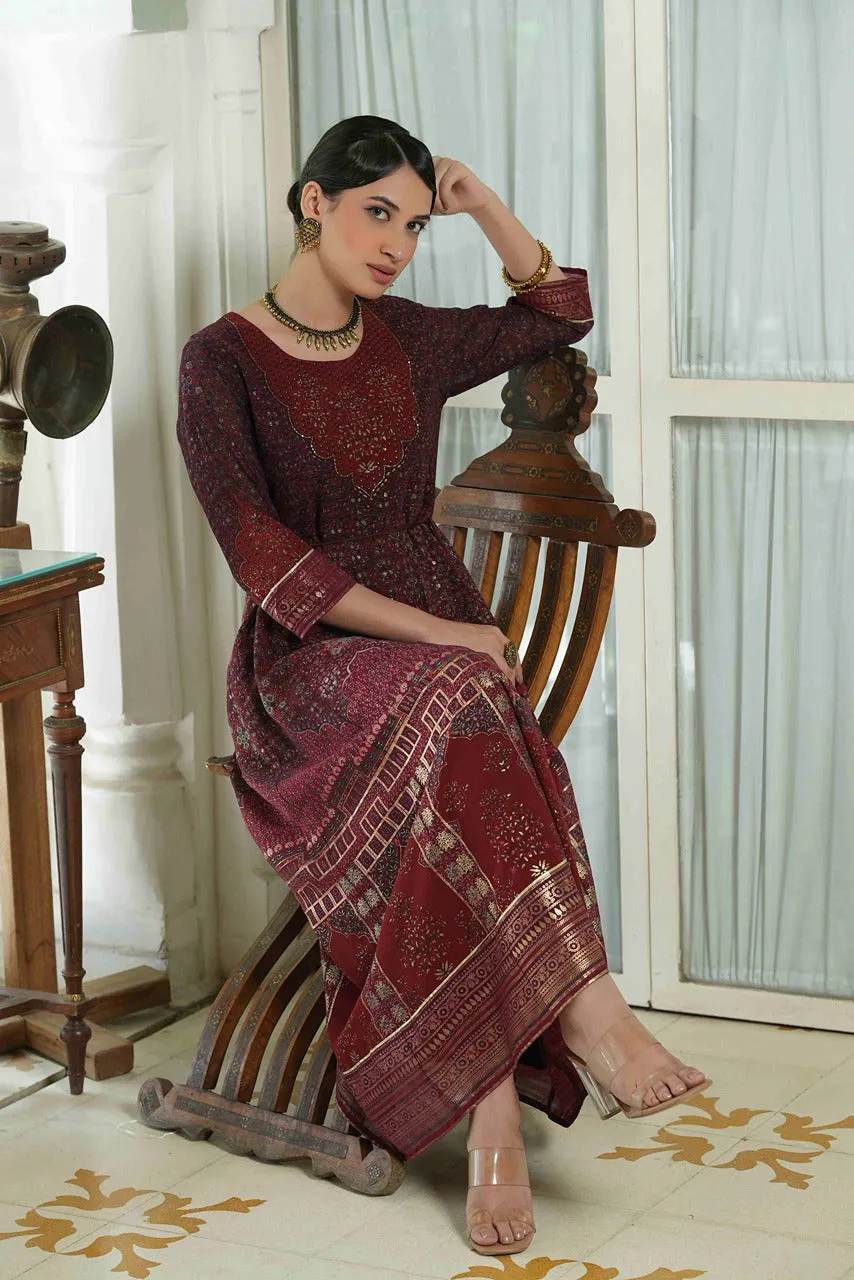 Maroon Georgette Printed Anarkali Dress