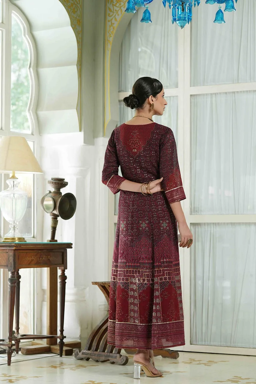 Maroon Georgette Printed Anarkali Dress