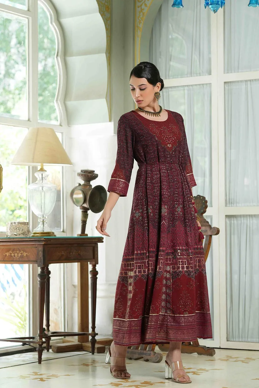 Maroon Georgette Printed Anarkali Dress