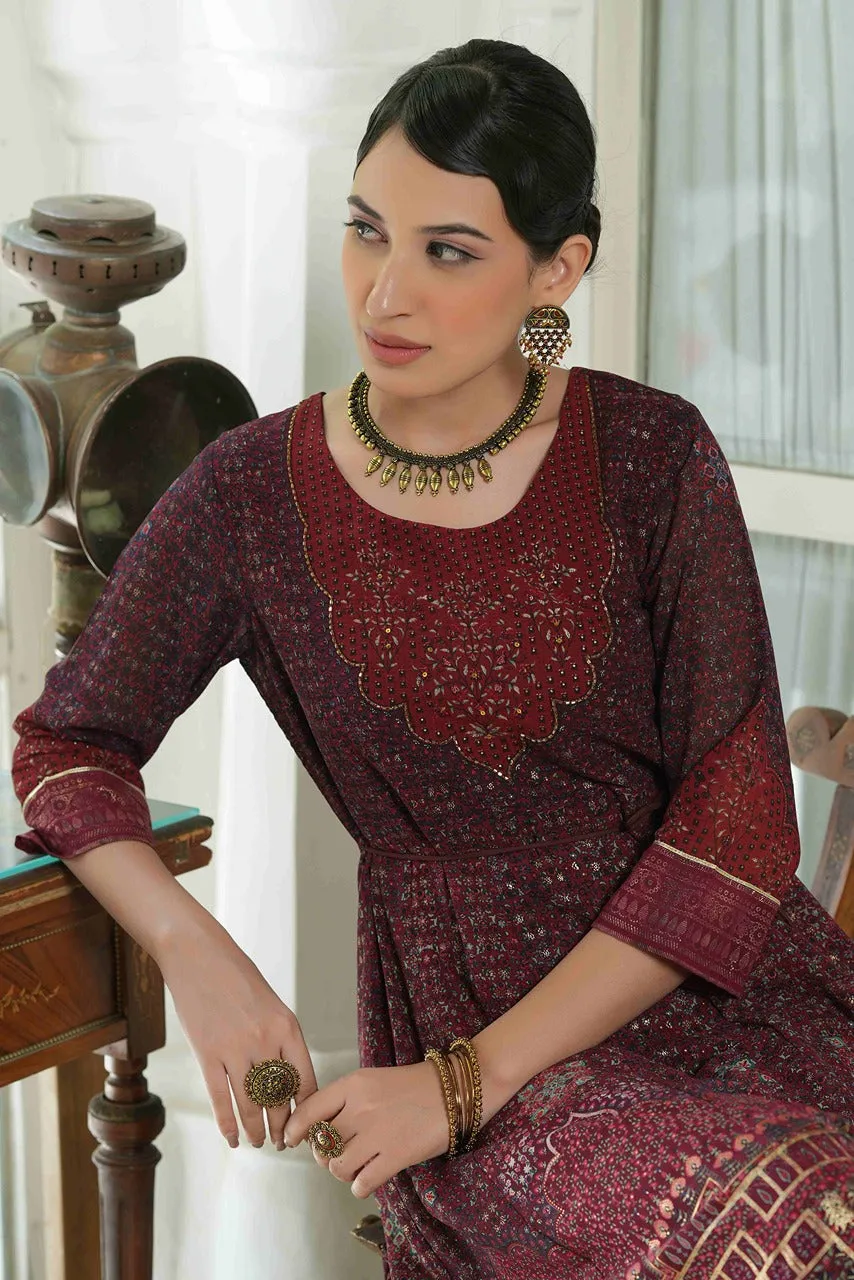 Maroon Georgette Printed Anarkali Dress