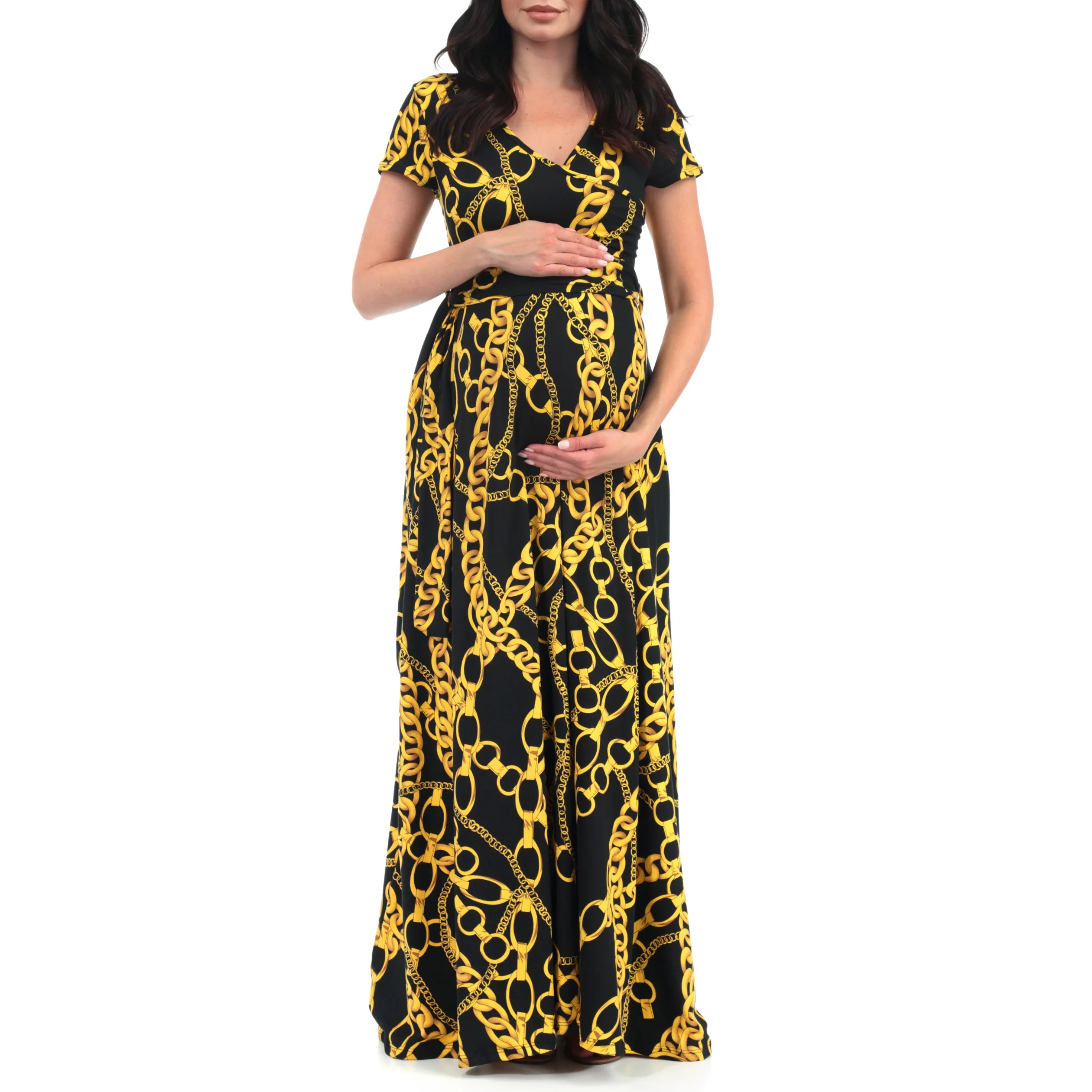 Maternity and Nursing Short Sleeve Chain Print Dress with Tie Belt