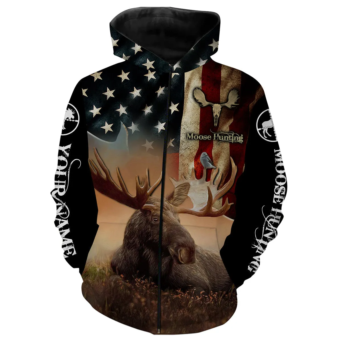 Moose hunting American Flag Custom name All over print shirts personalized hunting gifts Hoodie