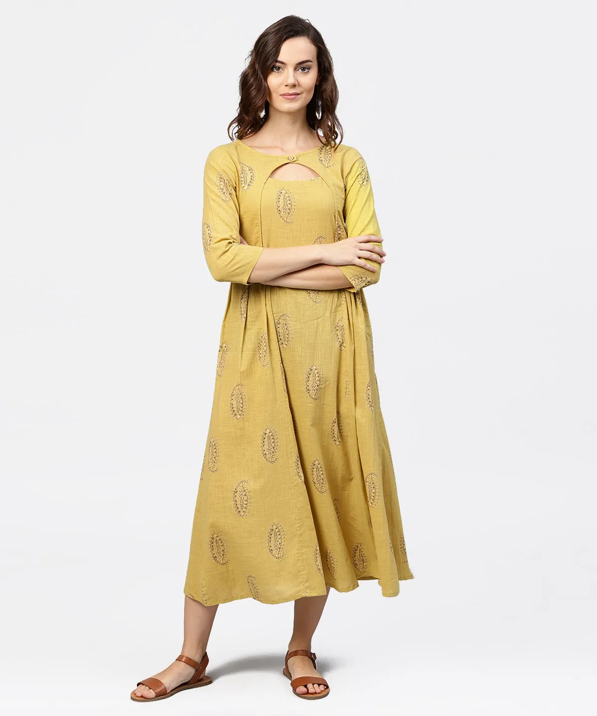 Mustard Printed Round Neck With Loop And Button In Front, Pleated With 3/4Th Sleeves Dress