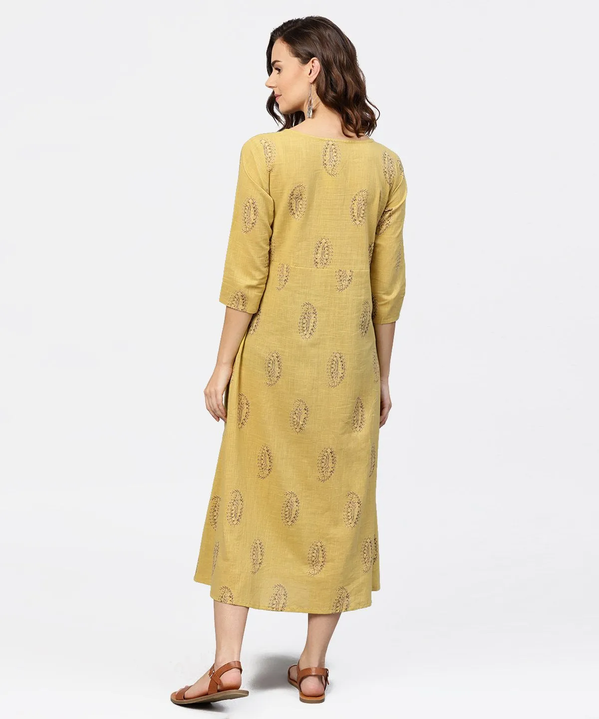 Mustard Printed Round Neck With Loop And Button In Front, Pleated With 3/4Th Sleeves Dress