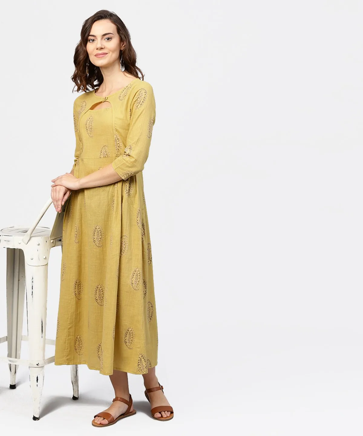 Mustard Printed Round Neck With Loop And Button In Front, Pleated With 3/4Th Sleeves Dress