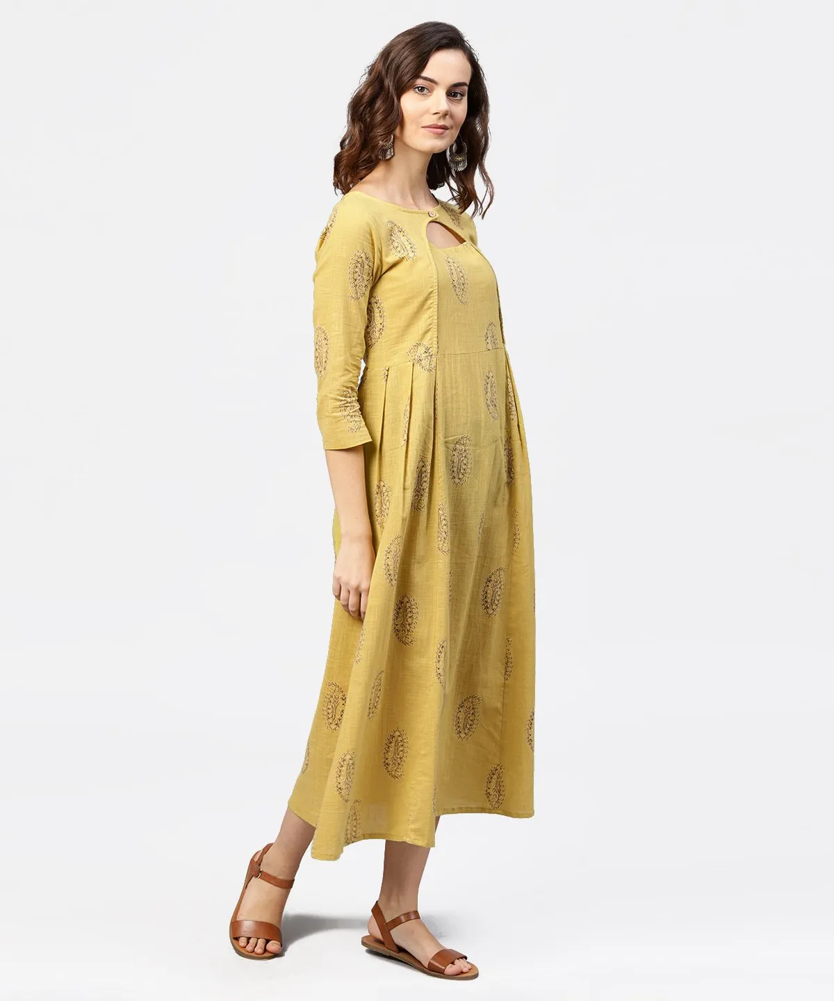 Mustard Printed Round Neck With Loop And Button In Front, Pleated With 3/4Th Sleeves Dress