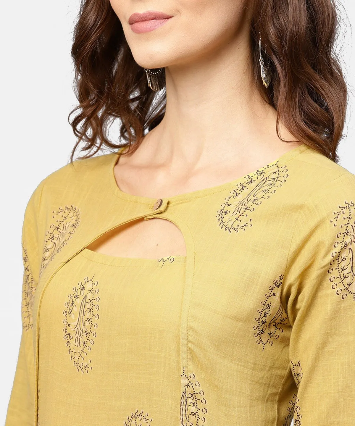 Mustard Printed Round Neck With Loop And Button In Front, Pleated With 3/4Th Sleeves Dress