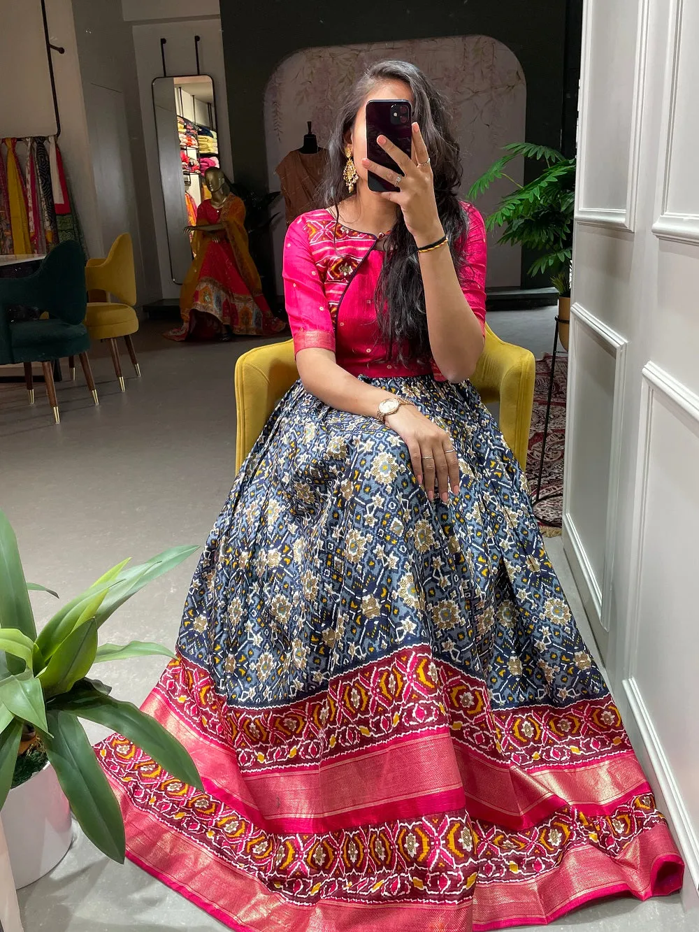 Navy Blue Color Patola Paithani Printed And Foil Printed Dola Silk Gown