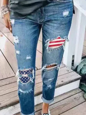 New Ladies Jeans Ripped American Flag Print Trousers