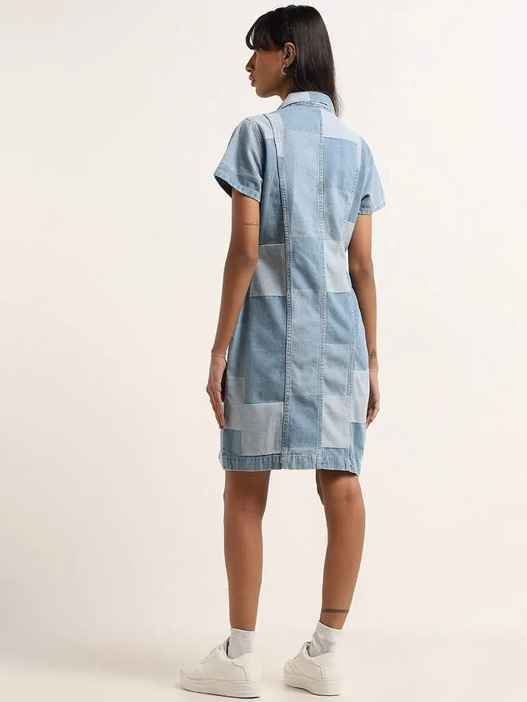 Nuon Blue Patchwork Denim Shirt Cotton Dress