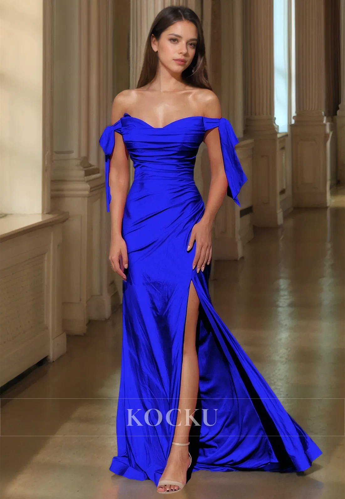 Off-Shoulder Sweetheart Sleeveless Sheath Prom Dress High Slit Pleated Evening Dress with Train