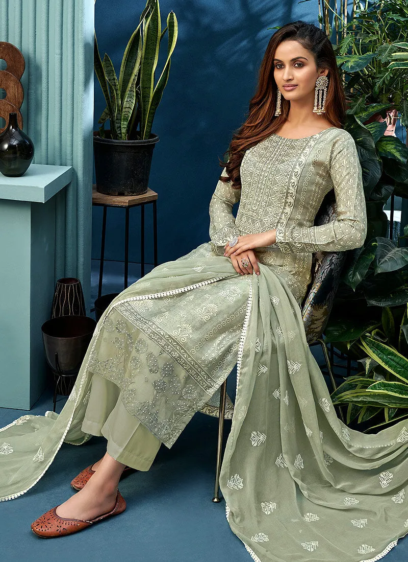 Olive Green Pearl Embroidered Palazzo Suit