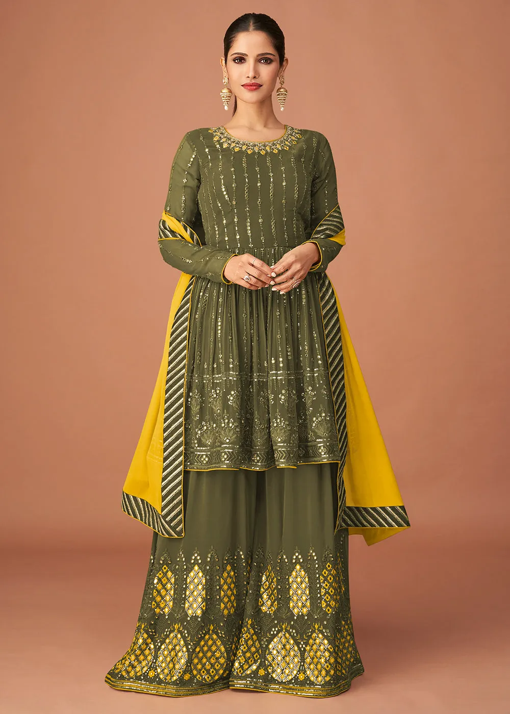 Pakistani Style Designer Fern Green Peplum Sharara Suit