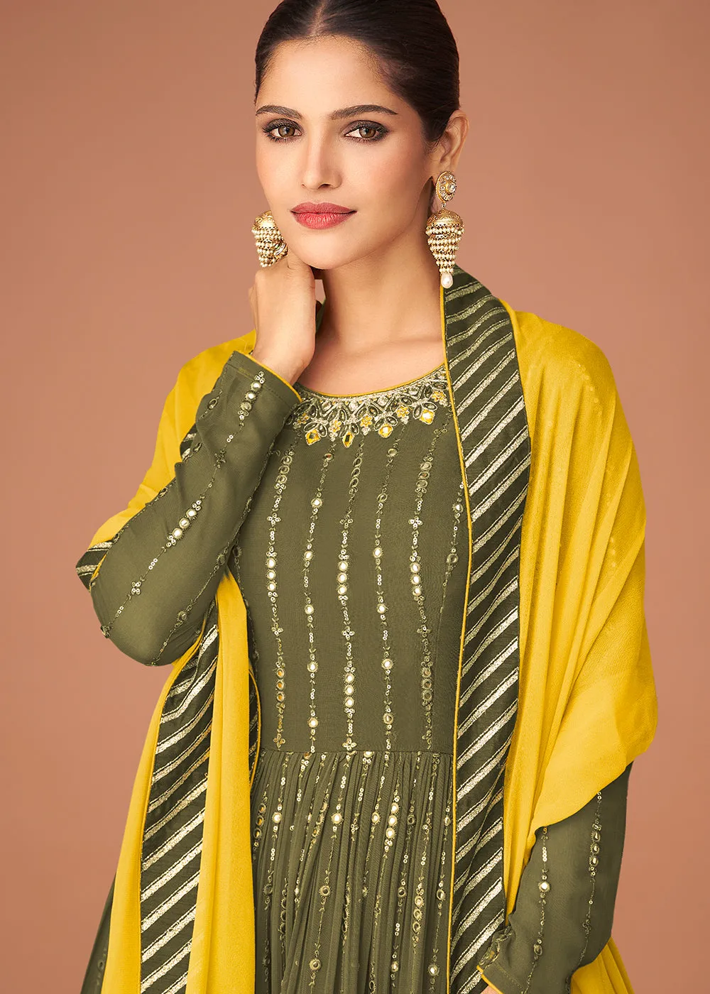 Pakistani Style Designer Fern Green Peplum Sharara Suit