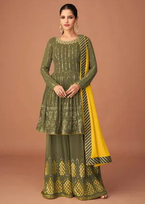 Pakistani Style Designer Fern Green Peplum Sharara Suit