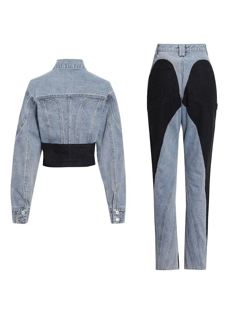 Patchwork Denim Two Piece Pant Set