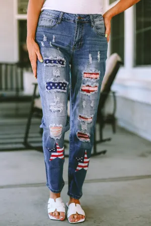 Patriotic Jeans with Pockets Distressed Straight Leg Ripped Jeans with American Flag