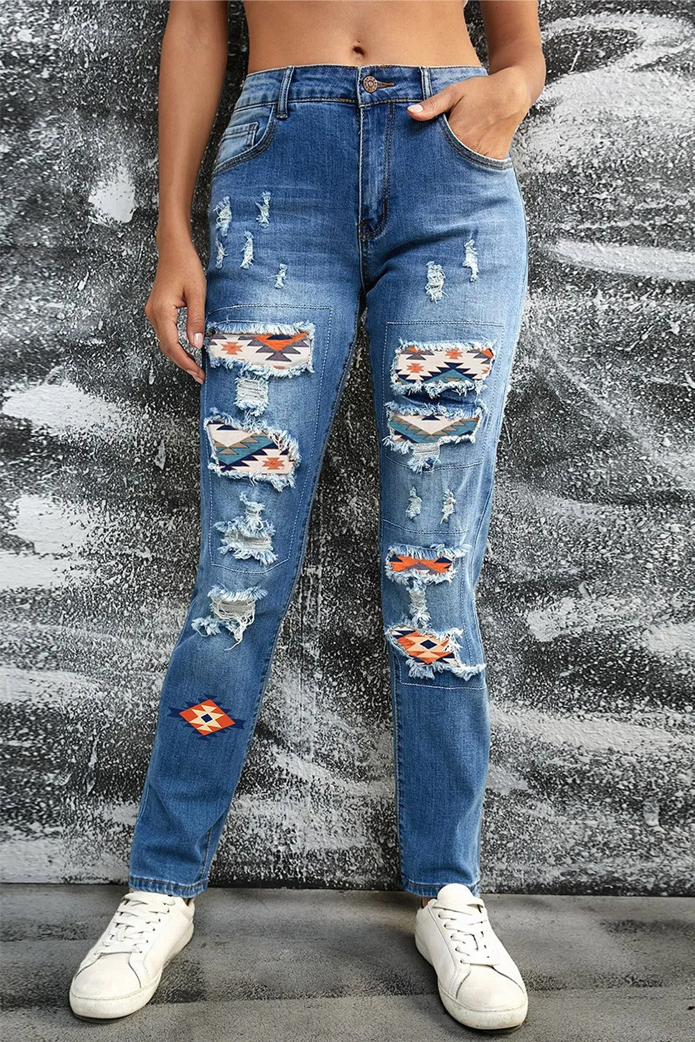 Patriotic Jeans with Pockets Distressed Straight Leg Ripped Jeans with American Flag