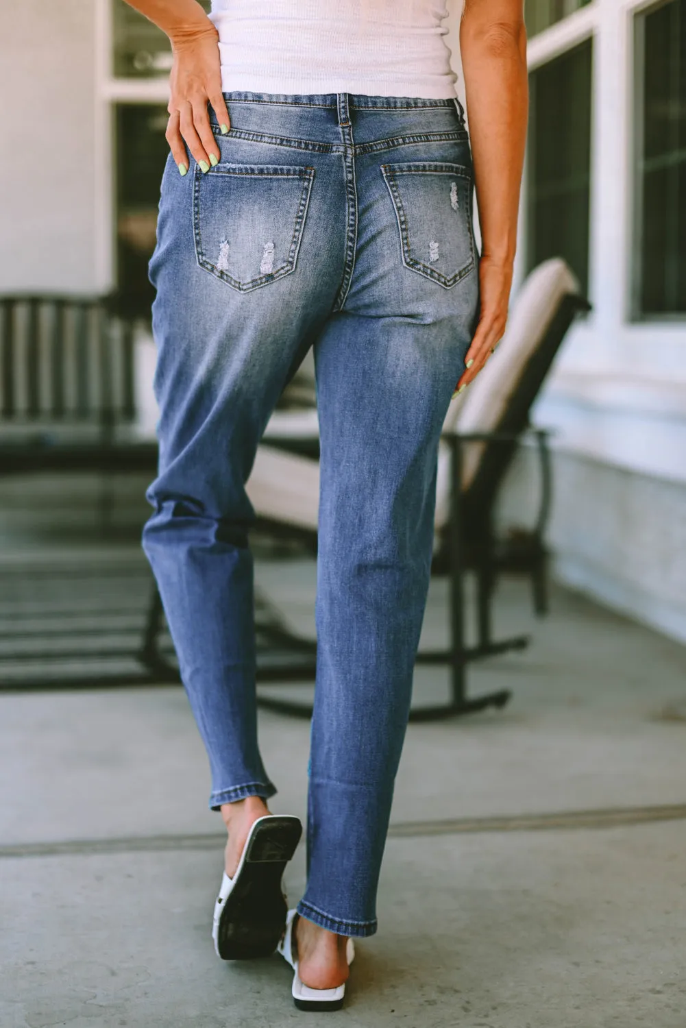 Patriotic Jeans with Pockets Distressed Straight Leg Ripped Jeans with American Flag