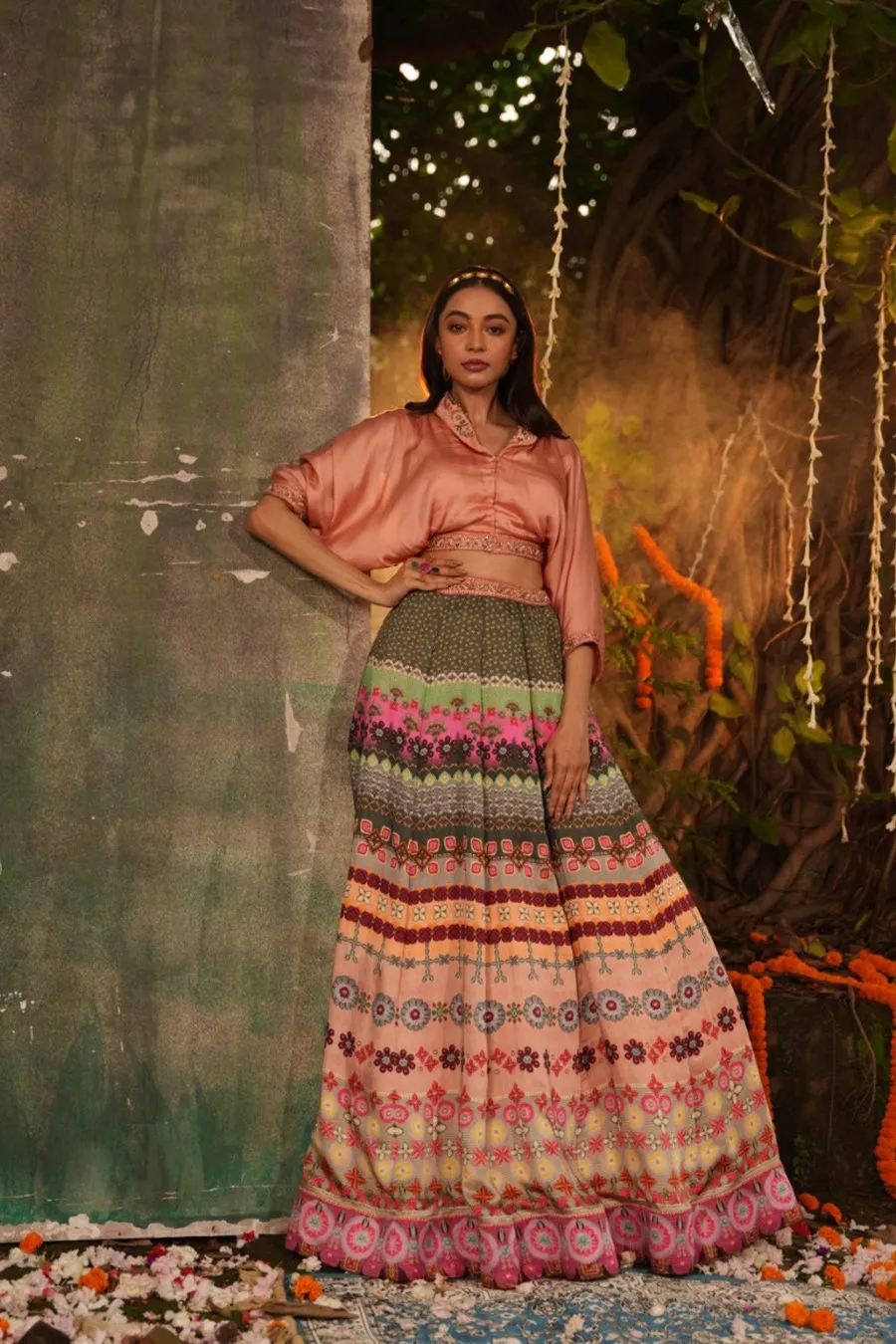 Peach Ethnic Printed Raw Silk Skirt Top