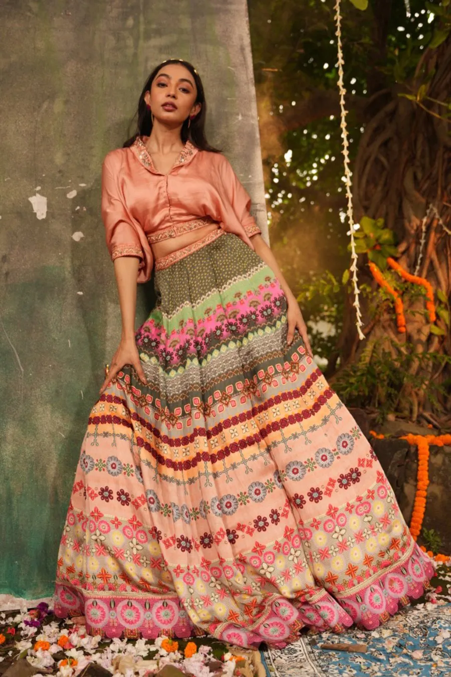 Peach Ethnic Printed Raw Silk Skirt Top