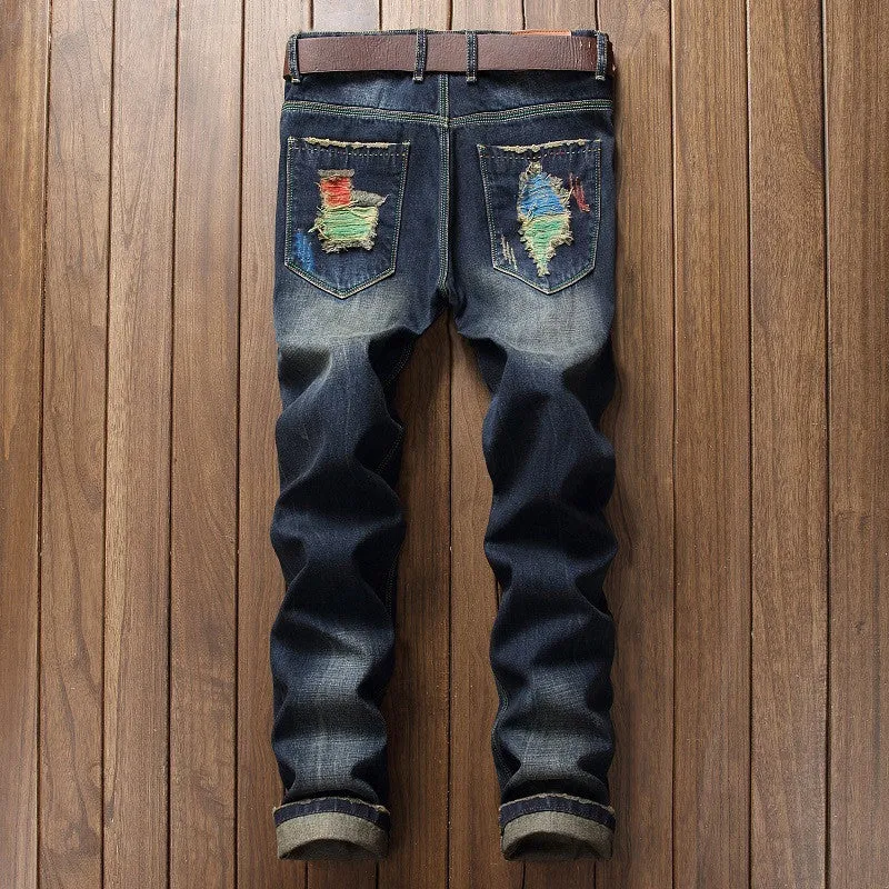 Personalized Brushed Jeans Men's Ripped Straight-leg Jeans