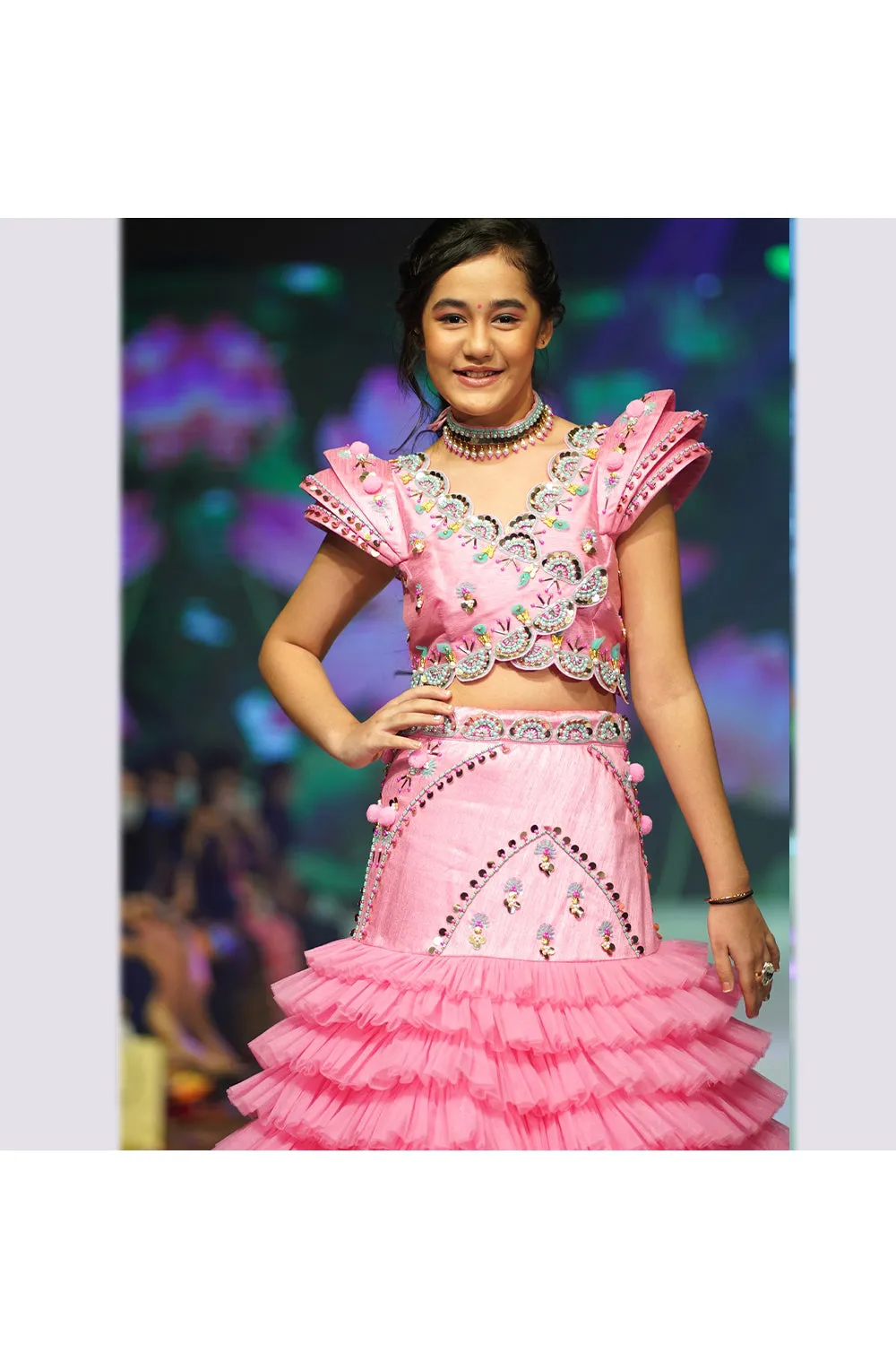 Pink Angrakha Style Silk Top With Multilayered skirt