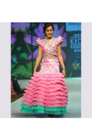 Pink Angrakha Style Silk Top With Multilayered skirt