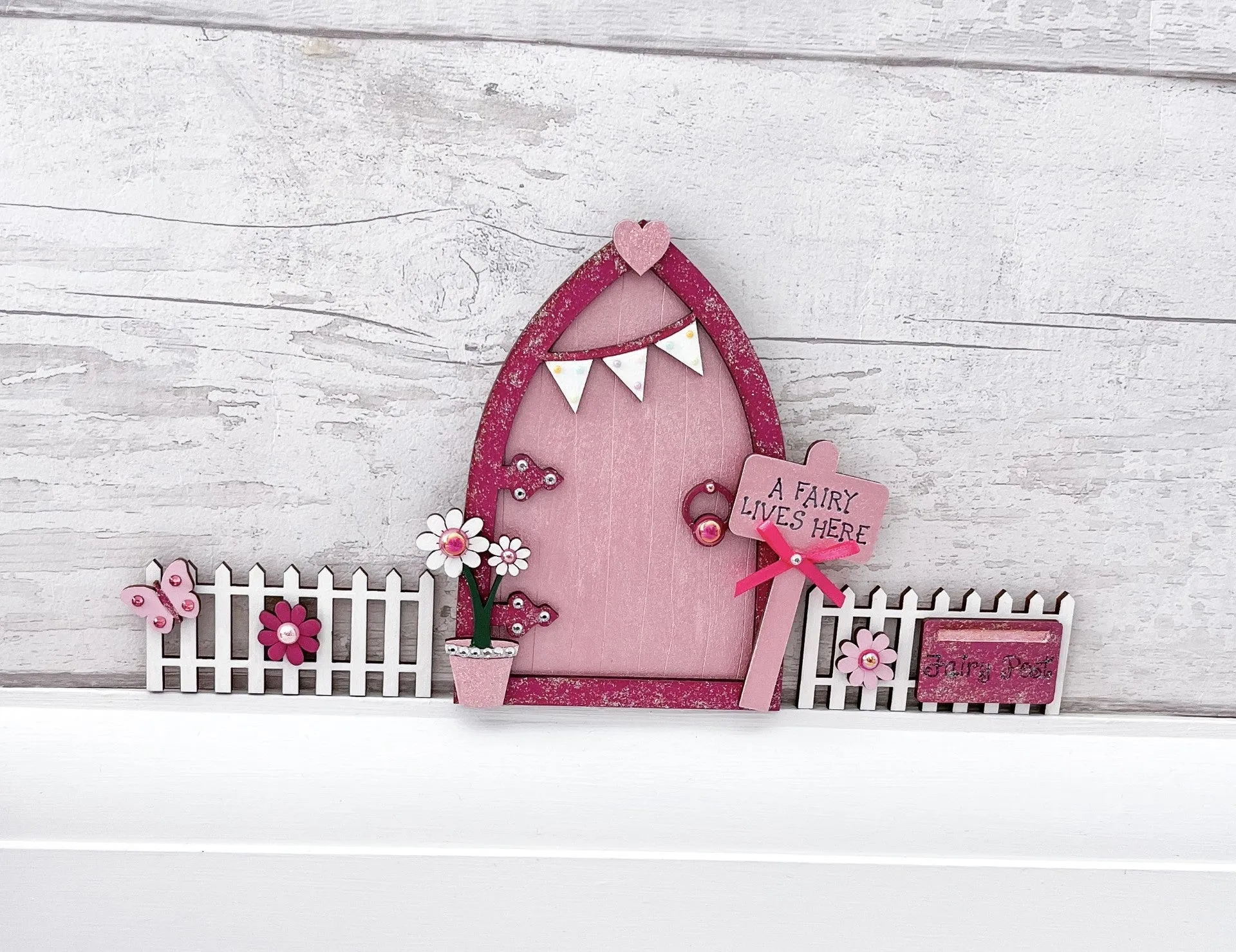 Pink Bunting Fairy Door with Fencing Set