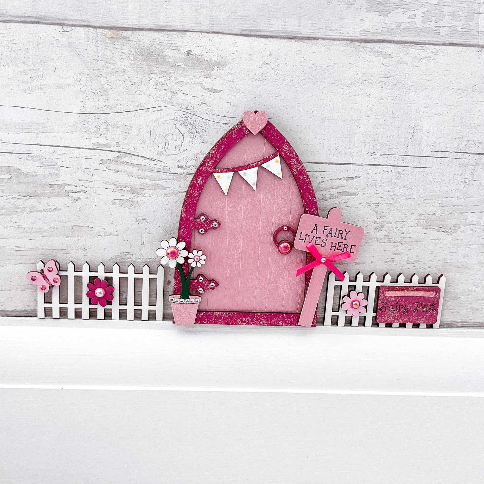 Pink Bunting Fairy Door with Fencing Set